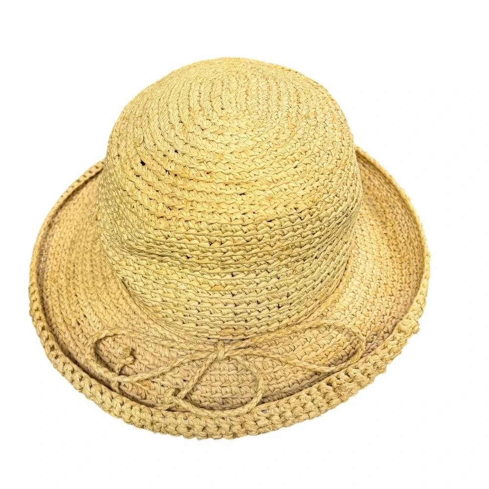 Scala Studio Tan Woven Straw Sun Hat with Side Bow Detail One Size Women‎